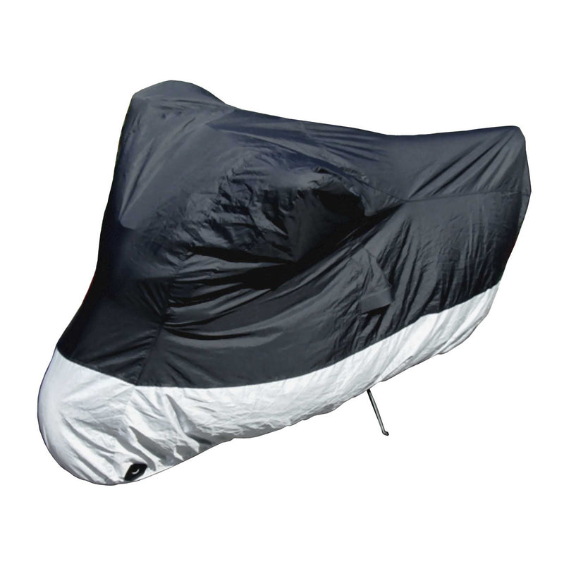 The Deluxe Scooter, Moped, or Vespa Cover - Large by Formosa Covers envelops the motorcycle in a sleek black and gray design, crafted from 150 Denier Polyester. It smoothly highlights the bike's contours while offering complete protection, with only a small stand peeking out from beneath.