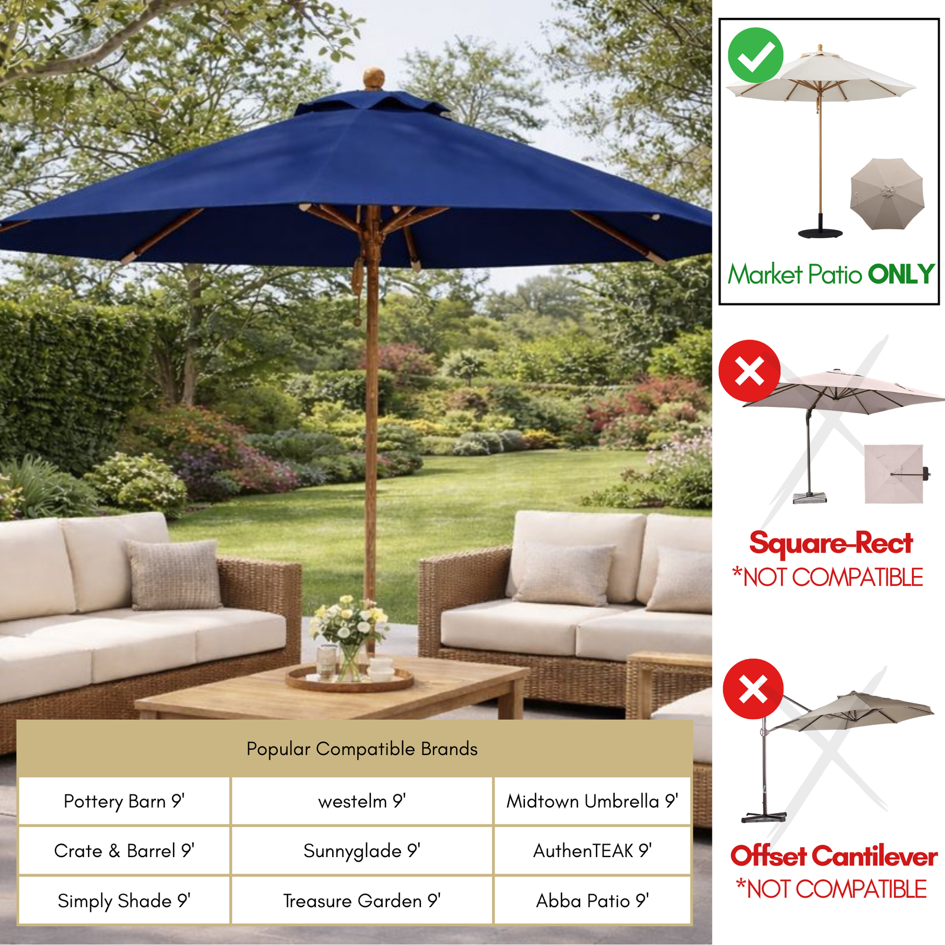 11ft Market Patio Umbrella Double-Vented 8 Rib Replacement Canopy Navy Olefin