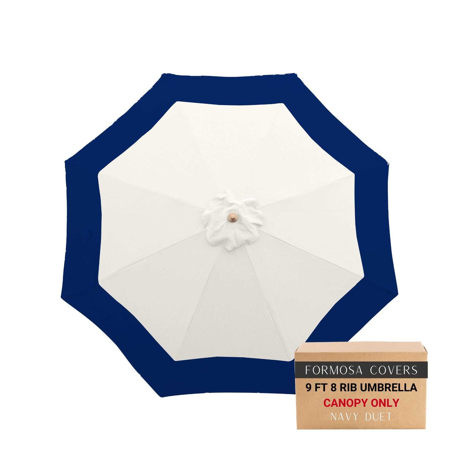 9ft Market Patio Umbrella 8 Rib Replacement Canopy in White with Navy Band, Duet Collection.