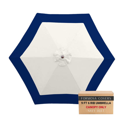9ft Market Patio Umbrella 6 Rib Replacement Canopy in Duet Navy with white center and navy band, durable polyester, UV-treated, water-repellent.