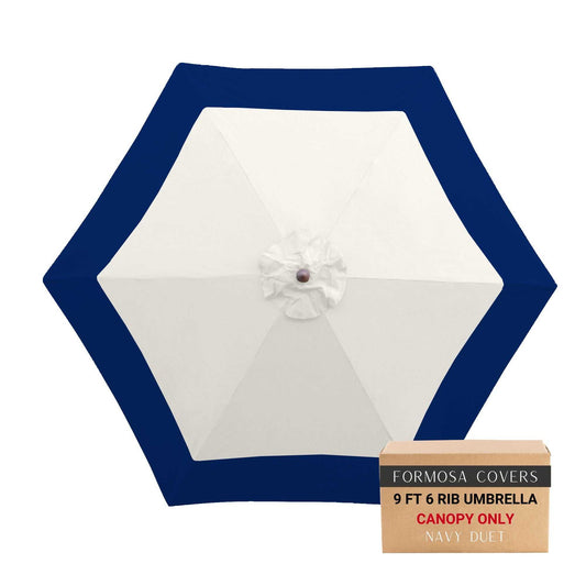 9ft Market Patio Umbrella 6 Rib Replacement Canopy in Duet Navy with white center and navy band, durable polyester, UV-treated, water-repellent.
