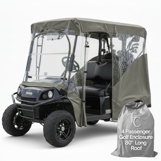 Grey 4-seater golf cart enclosure for 80-inch long roof, waterproof and wind-resistant cover
