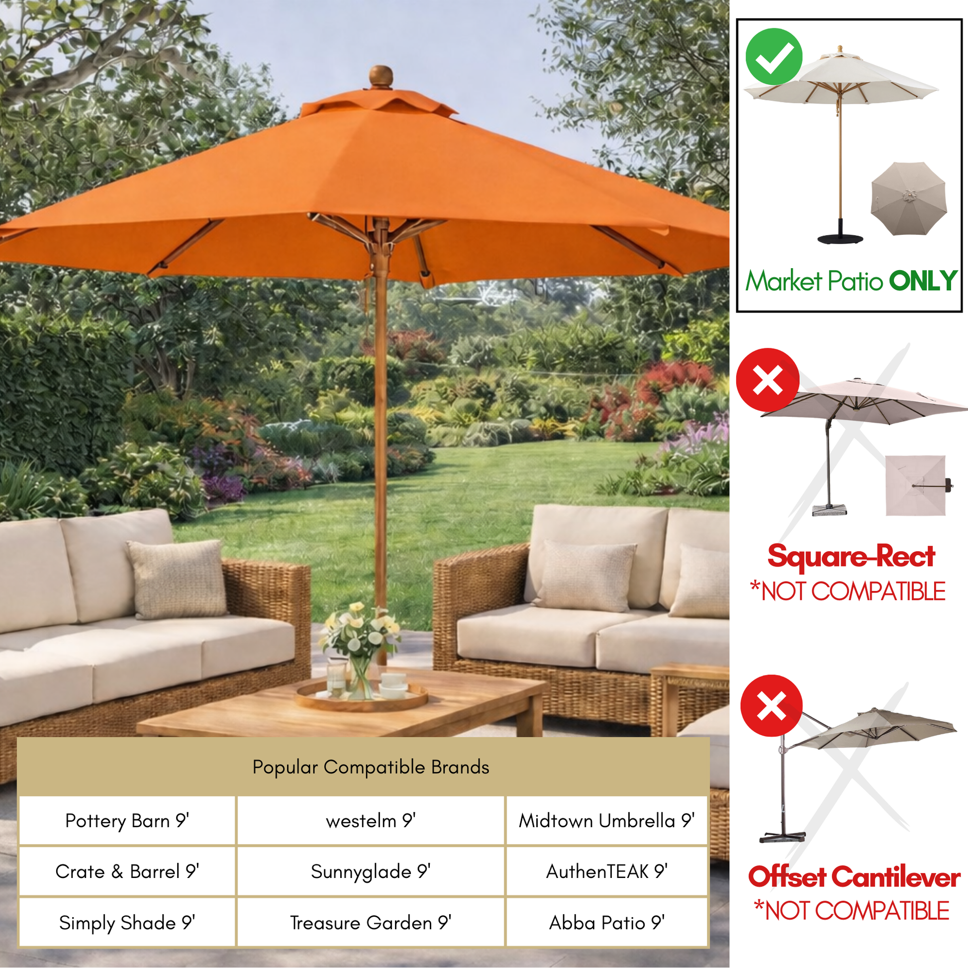 9ft Market Patio Umbrella 8 Rib Replacement Canopy Tuscan Orange - Formosa Covers