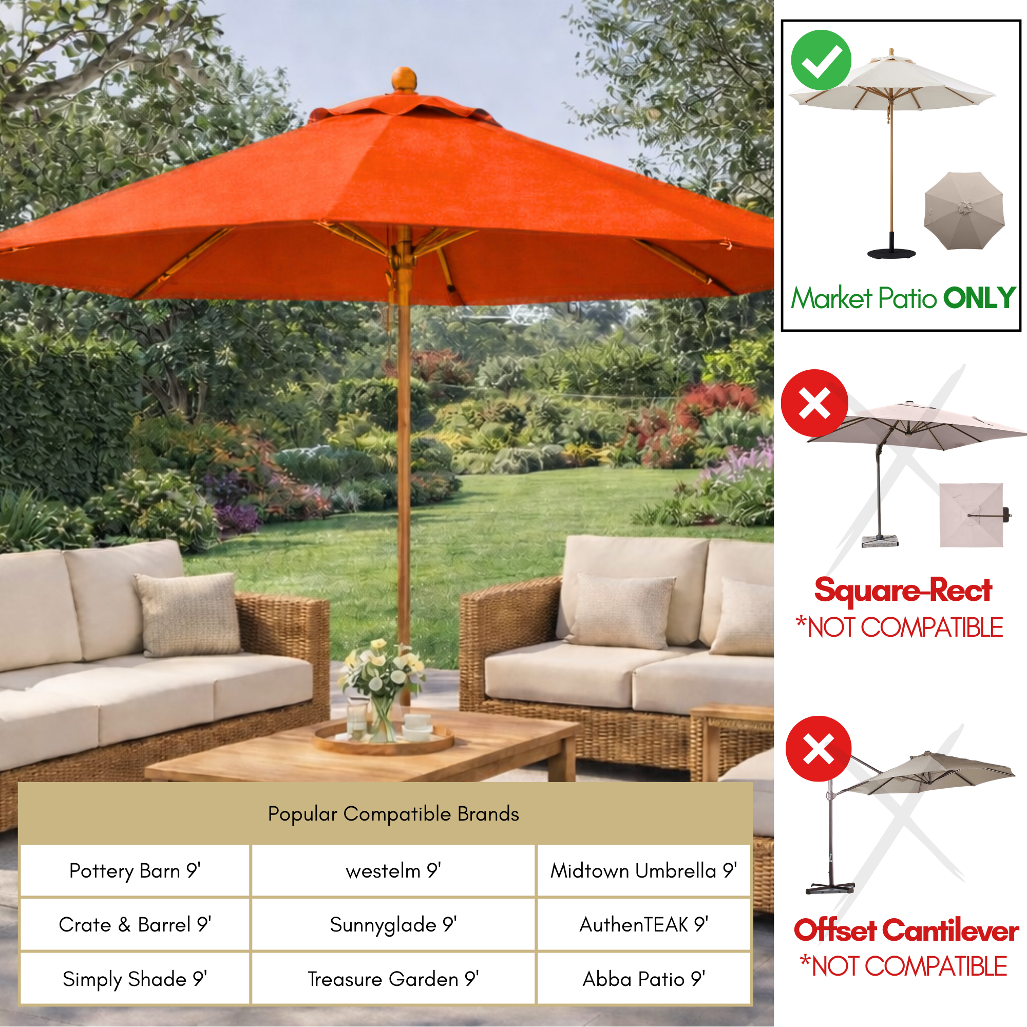 9ft Market Patio Umbrella 6 Rib Replacement Canopy Orange