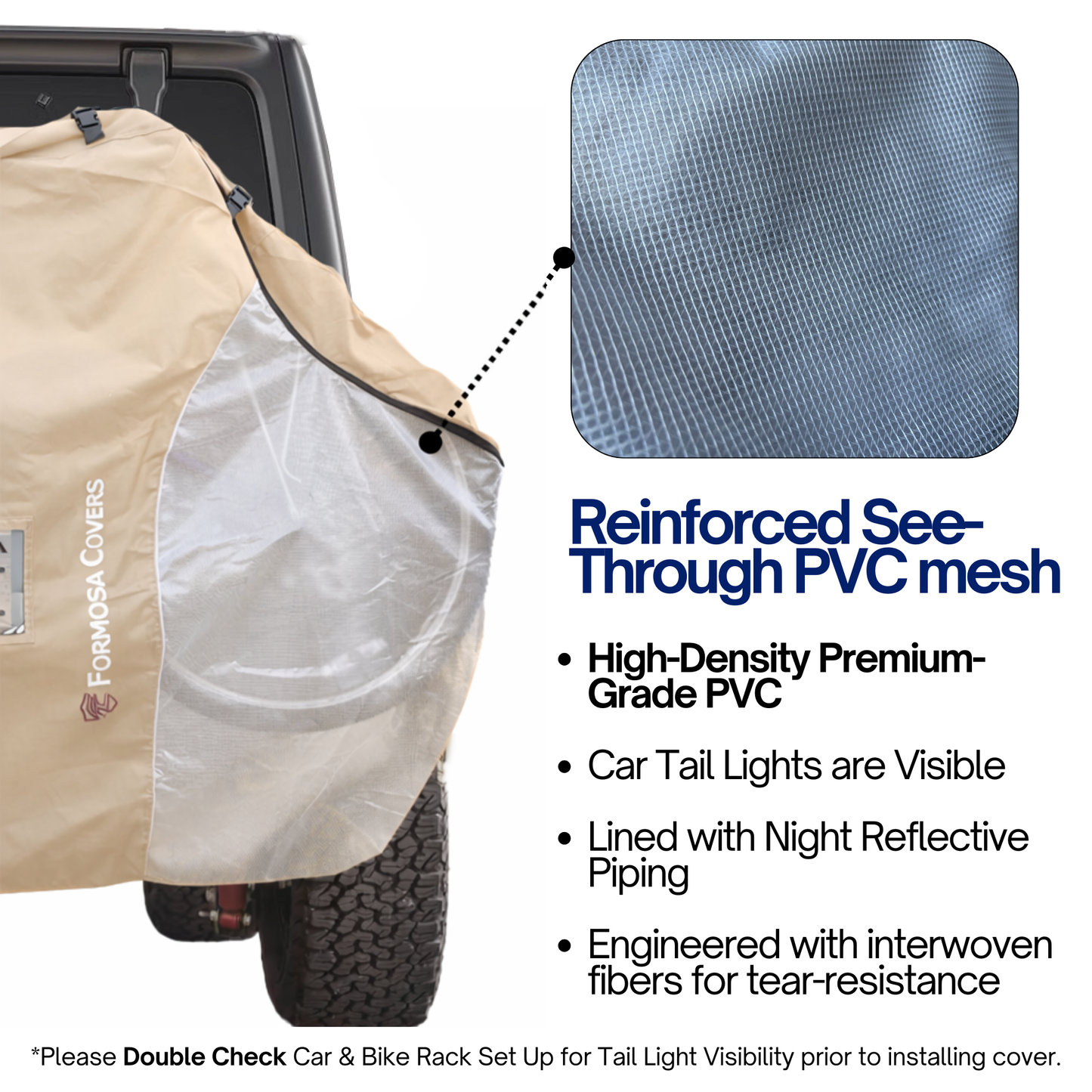Dual Bike Rack Cover For Transport (Fits 1-2 Bicycles) Large Translucent Ends with License Plate Holder - SAND COLOR - Formosa Covers