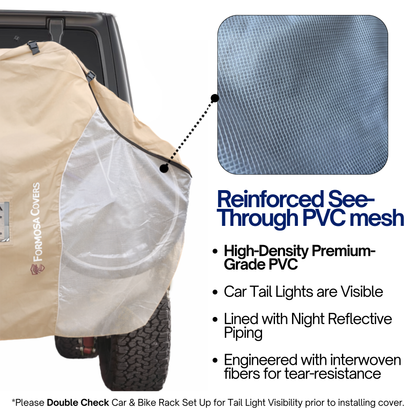 Dual Bike Rack Cover For Transport (Fits 1-2 Bicycles) Large Translucent Ends with License Plate Holder - SAND COLOR - Formosa Covers