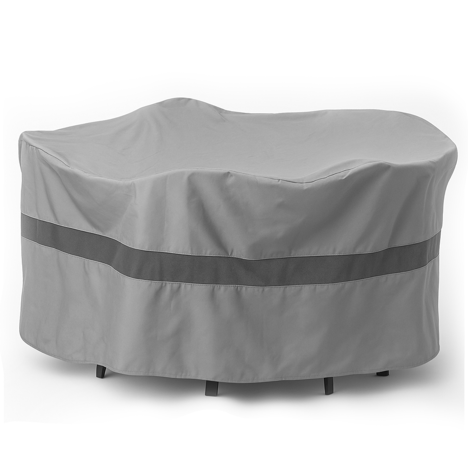 Patio Bar Height Dining Table Set Cover in Reserve Grey, 98" diameter x 41" high, water-resistant polyester.