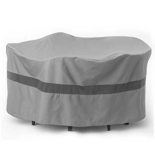 Patio Bar Height Dining Table Set Cover in Reserve Grey, 98" diameter x 41" high, water-resistant polyester.