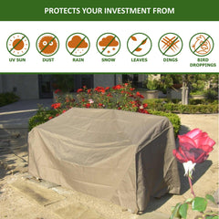 The rectangular outdoor furniture piece, the large patio loveseat bench cover from Formosa Covers, is fitted with a Classic Taupe protective cover made from heavy-duty vinyl backing. The backdrop showcases a house, flowering plants, and garden decor. Icons and text above indicate UV protection from dust, rain, snow, leaves, dings, and bird droppings.