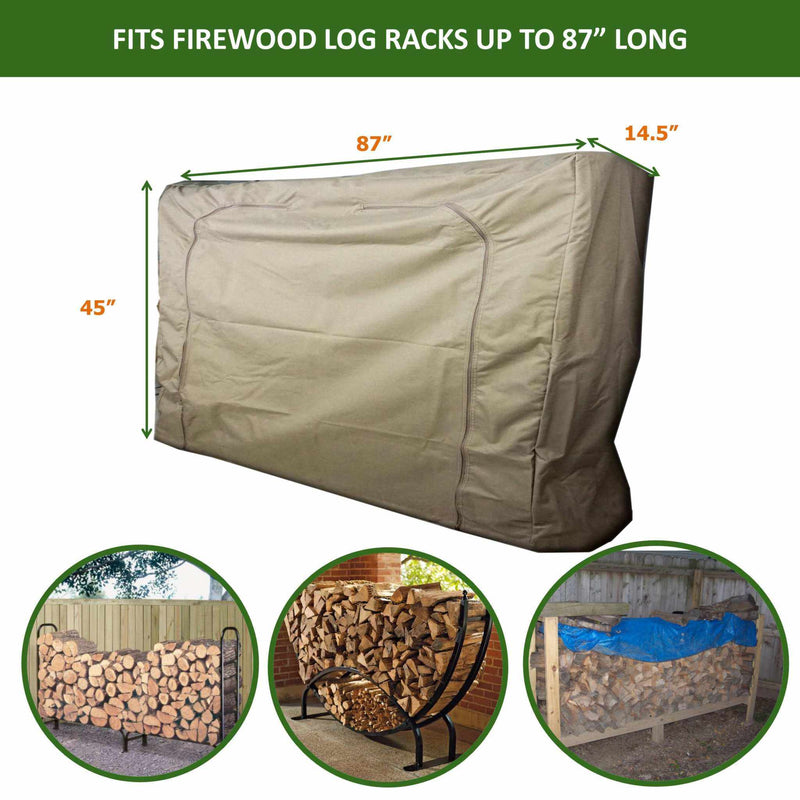 The Firewood Log Rack Outdoor and Indoor Cover from Formosa Covers, measuring 87" long, 45" high, and 14.5" deep, is depicted in tan. Below the cover are three images of firewood stacks: one against a wooden fence, one on a black metal rack, and one covered by a blue tarp in a woodshed. Green text at the top reads, "Fits firewood log racks up to...