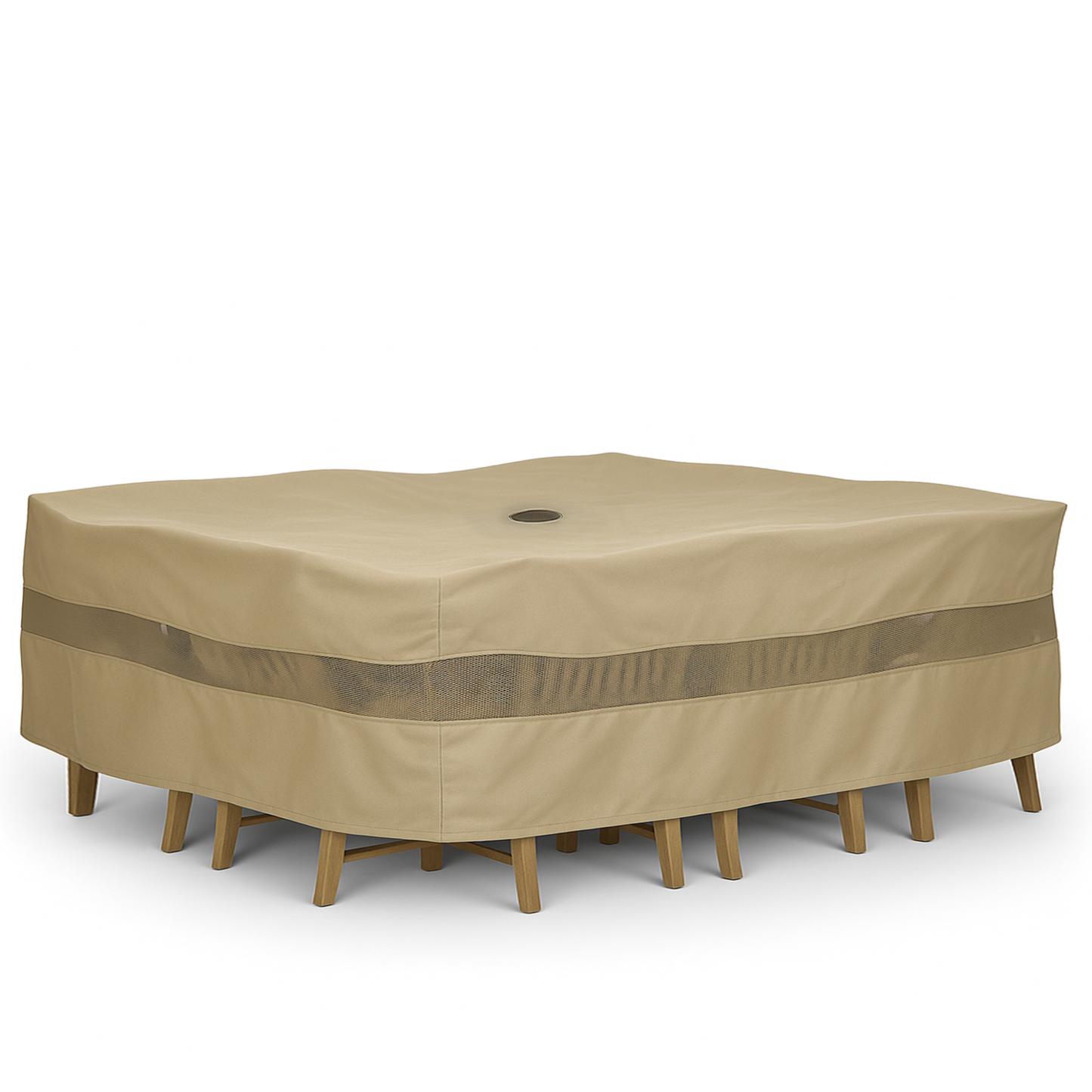 Patio set cover for rectangular or oval table with umbrella hole, taupe color, mildew resistant, 160"L x 90"W.