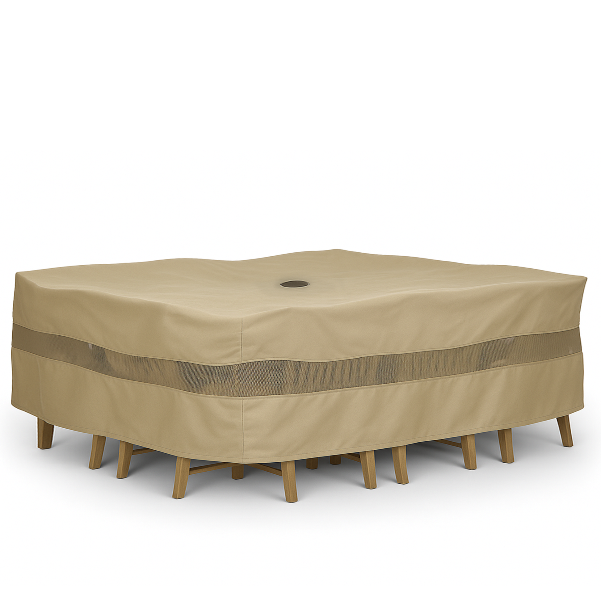 Patio set cover for rectangular or oval table with umbrella hole, taupe color, mildew resistant, 160"L x 90"W.