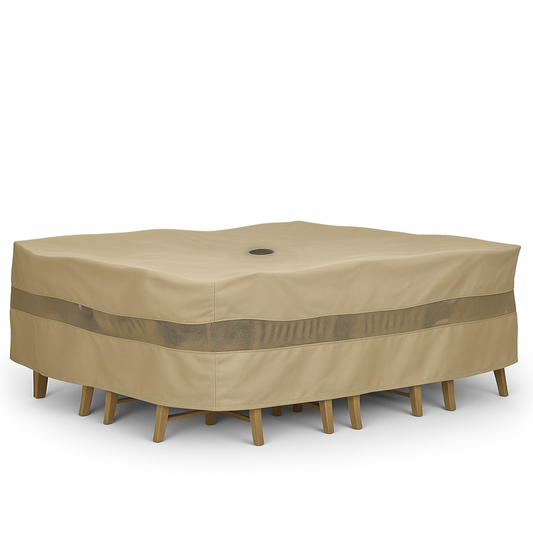 Patio set cover for rectangular or oval table with umbrella hole, taupe color, mildew resistant, 160"L x 90"W.