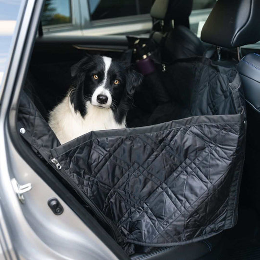 Pet car seat hammock cover with mesh window for dogs, featuring side flaps, non-slip surface, and easy installation.