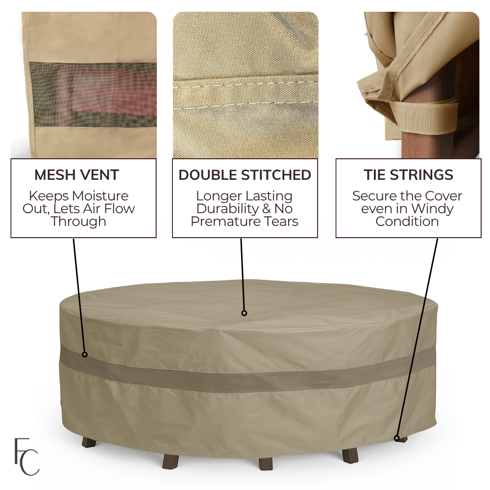 Patio Conversation Set Cover For Round Table 104"Dia. X 31"H with Umbrella Hole Classic Taupe - Formosa Covers