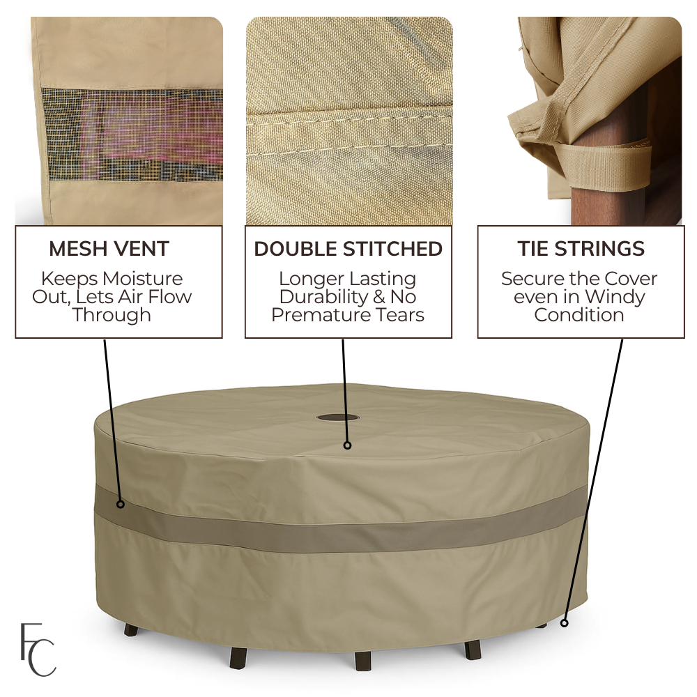 Patio Set Cover For Round or Square Table & Chairs 96"Dia./L x 30"H with Umbrella Hole Classic Taupe - Formosa Covers