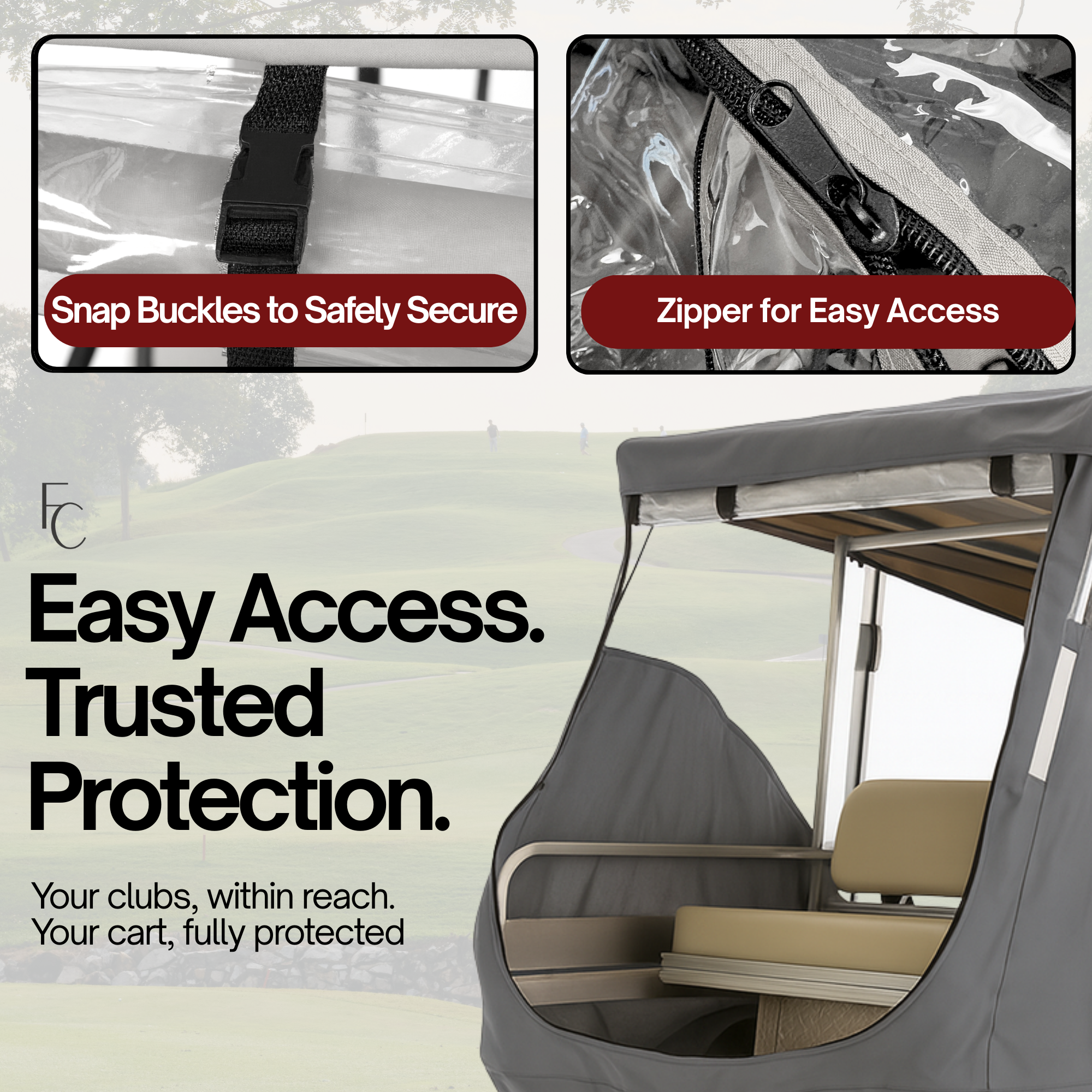 Product advertisement for a protective cover with snap buckles and zipper, featuring text 'Easy Access. Trusted Protection.'

