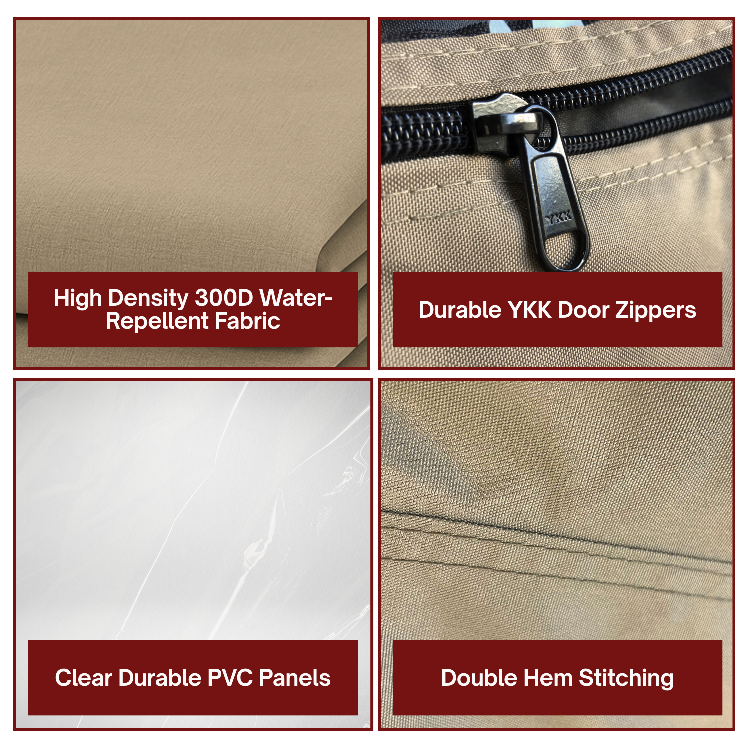 Product features including high-density water-repellent fabric, durable YKK door zippers, clear PVC panels, and double hem stitching.

