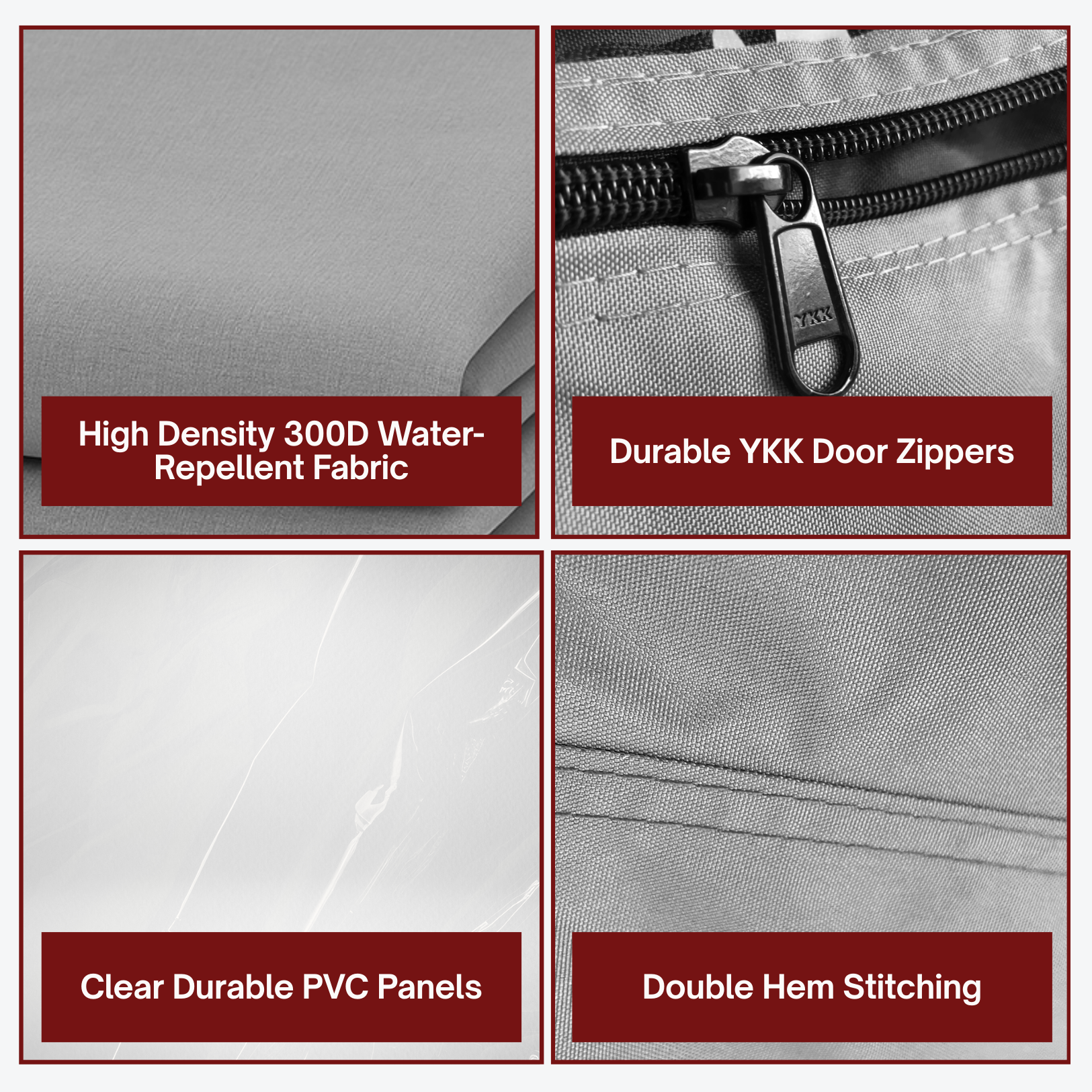 Product features including high-density water-repellent fabric, durable zippers, clear PVC panels, and double hem stitching.


