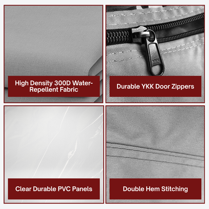 Product features including high-density water-repellent fabric, durable zippers, clear PVC panels, and double hem stitching.


