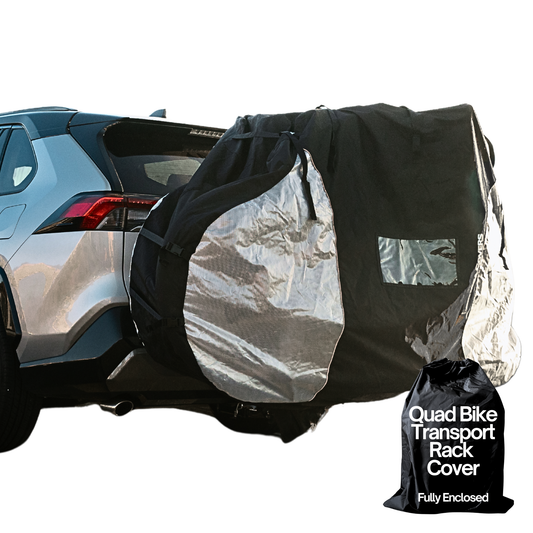 Quad bike rack cover for transport with translucent ends, fits 3-4 bikes, protects from dirt and UV damage, installed on SUV.