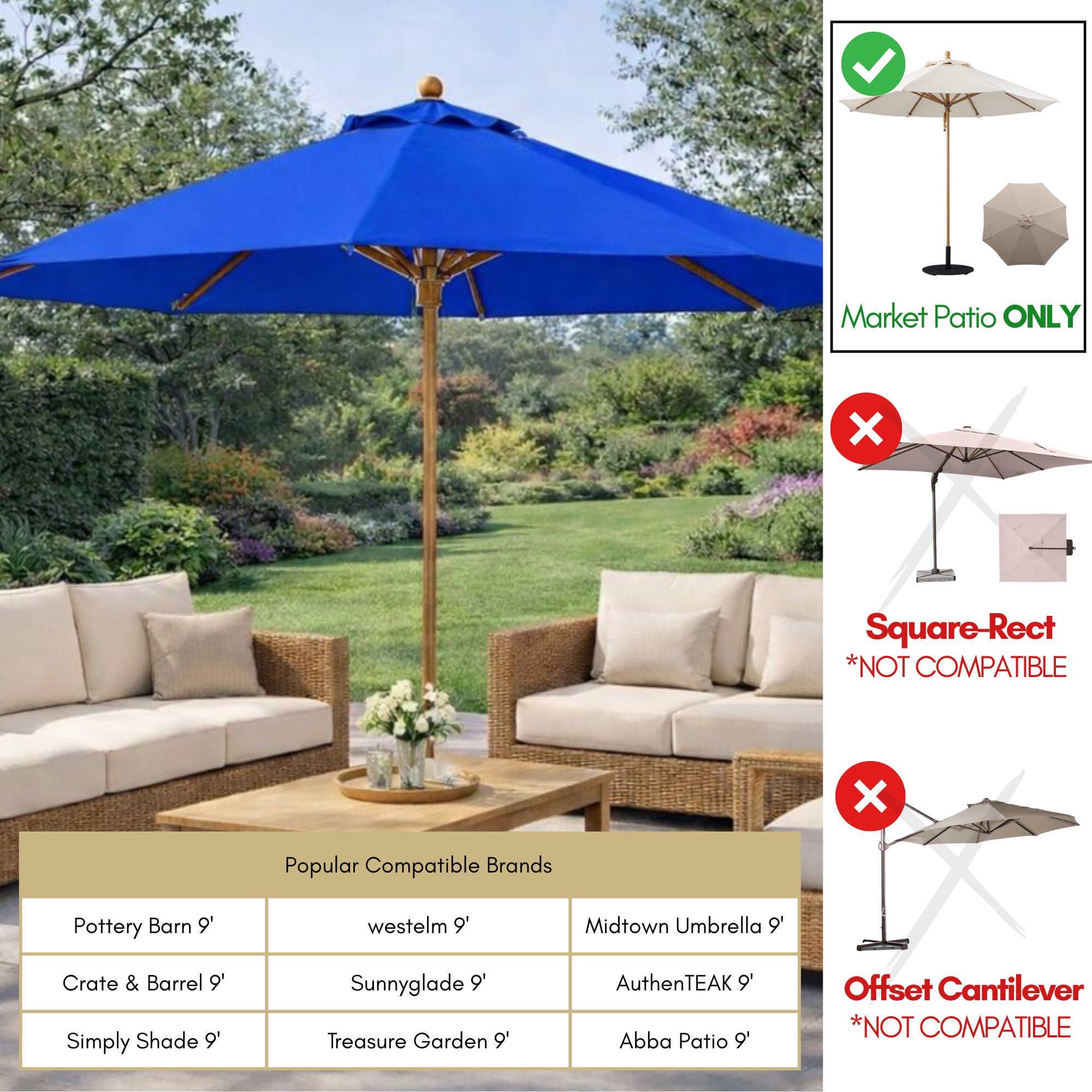 9ft Market Patio Umbrella 8 Rib Replacement Canopy Royal Blue - Formosa Covers