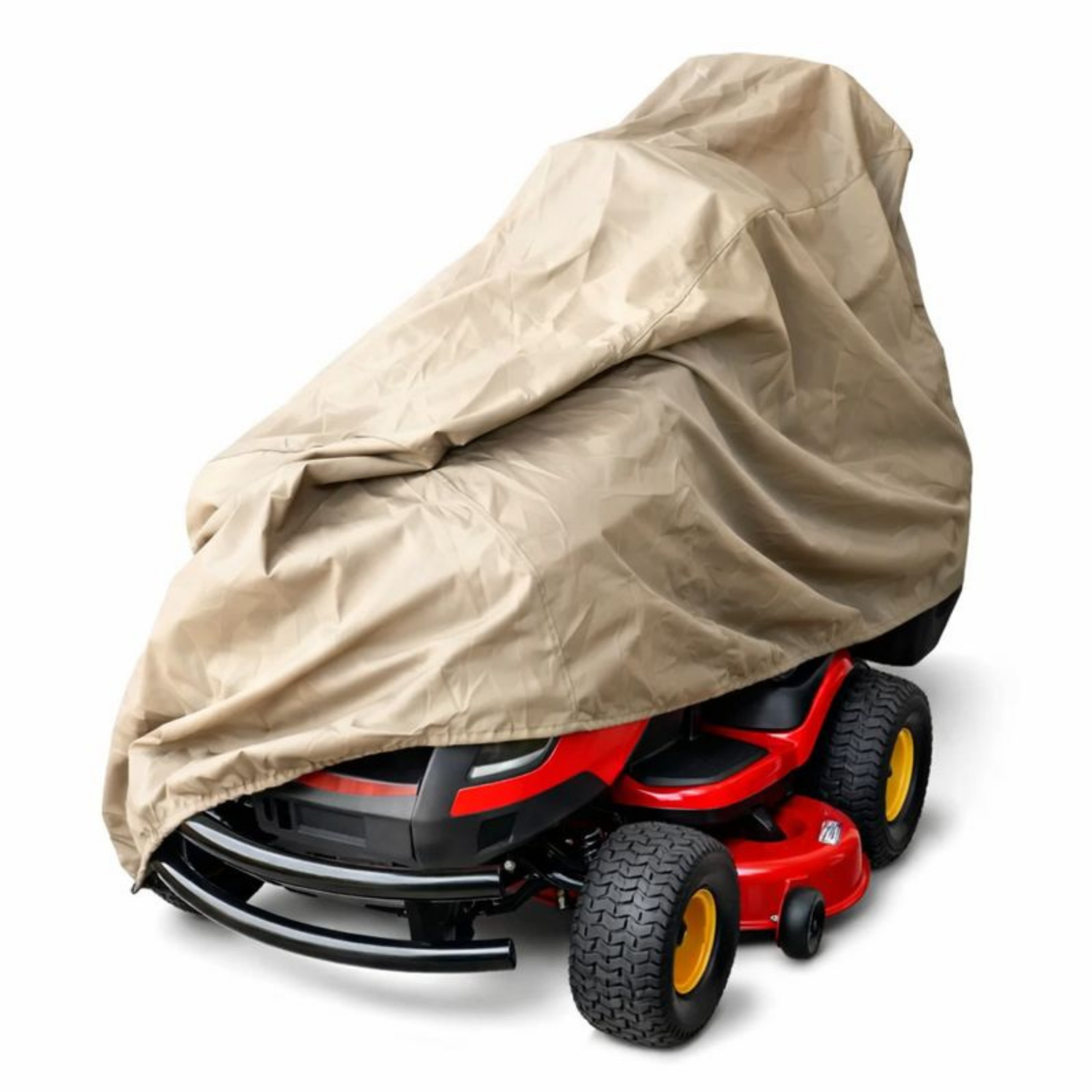 Large beige tractor cover protecting red riding lawn mower, fits tractors up to 100 inches.