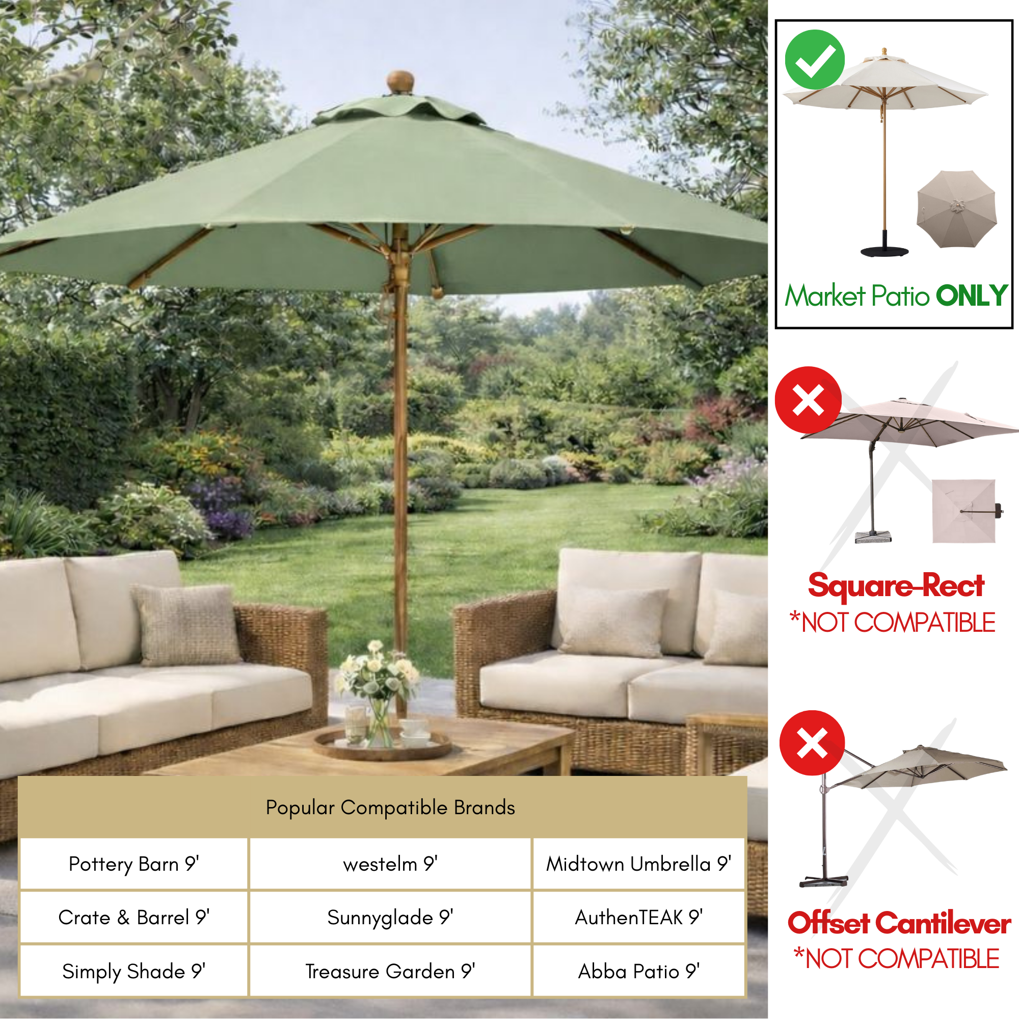 9ft Market Patio Umbrella 6 Rib Replacement Canopy Sage Green - Formosa Covers