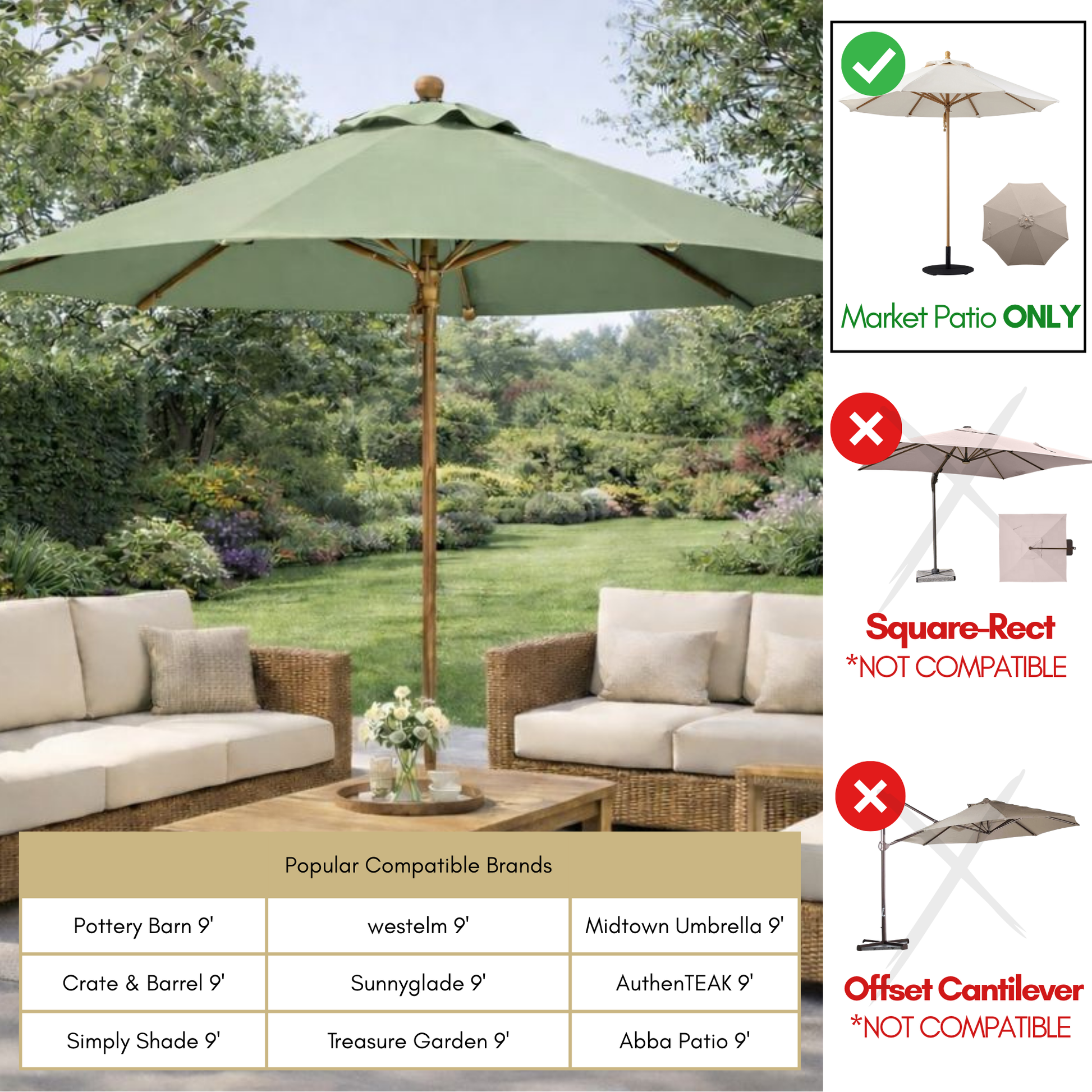 9ft Market Patio Umbrella 6 Rib Replacement Canopy Sage Green - Formosa Covers