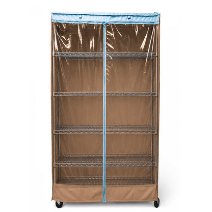 Storage Shelving Unit Cover, fits racks 36"W x 18"D x 72"H one side see through panel in Beige Khaki and Blue Trim