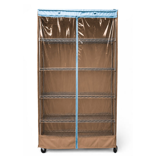 Storage Shelving Unit Cover, fits racks 36"W x 18"D x 72"H one side see through panel in Beige Khaki and Blue Trim