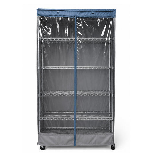 Storage Shelving Unit Cover, fits racks 36"W x 18"D x 72"H one side see through panel in Grey and Dusty Blue Trim