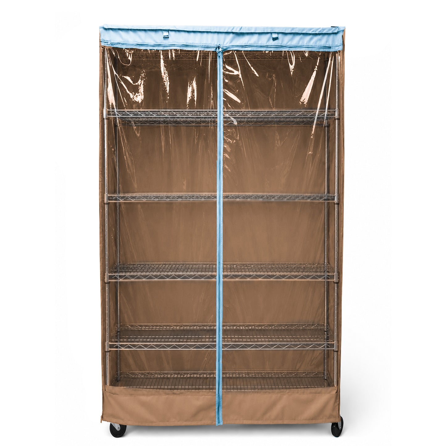 Storage Shelving Unit Cover, fits racks 36"W x 24"D x 72"H one side see through panel in Beige Khaki and Blue Trim