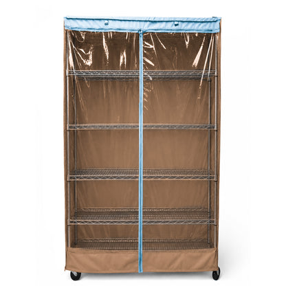 Storage Shelving Unit Cover, fits racks 36"W x 24"D x 72"H one side see through panel in Beige Khaki and Blue Trim