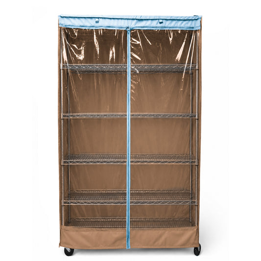 Storage Shelving Unit Cover, fits racks 36"W x 24"D x 72"H one side see through panel in Beige Khaki and Blue Trim