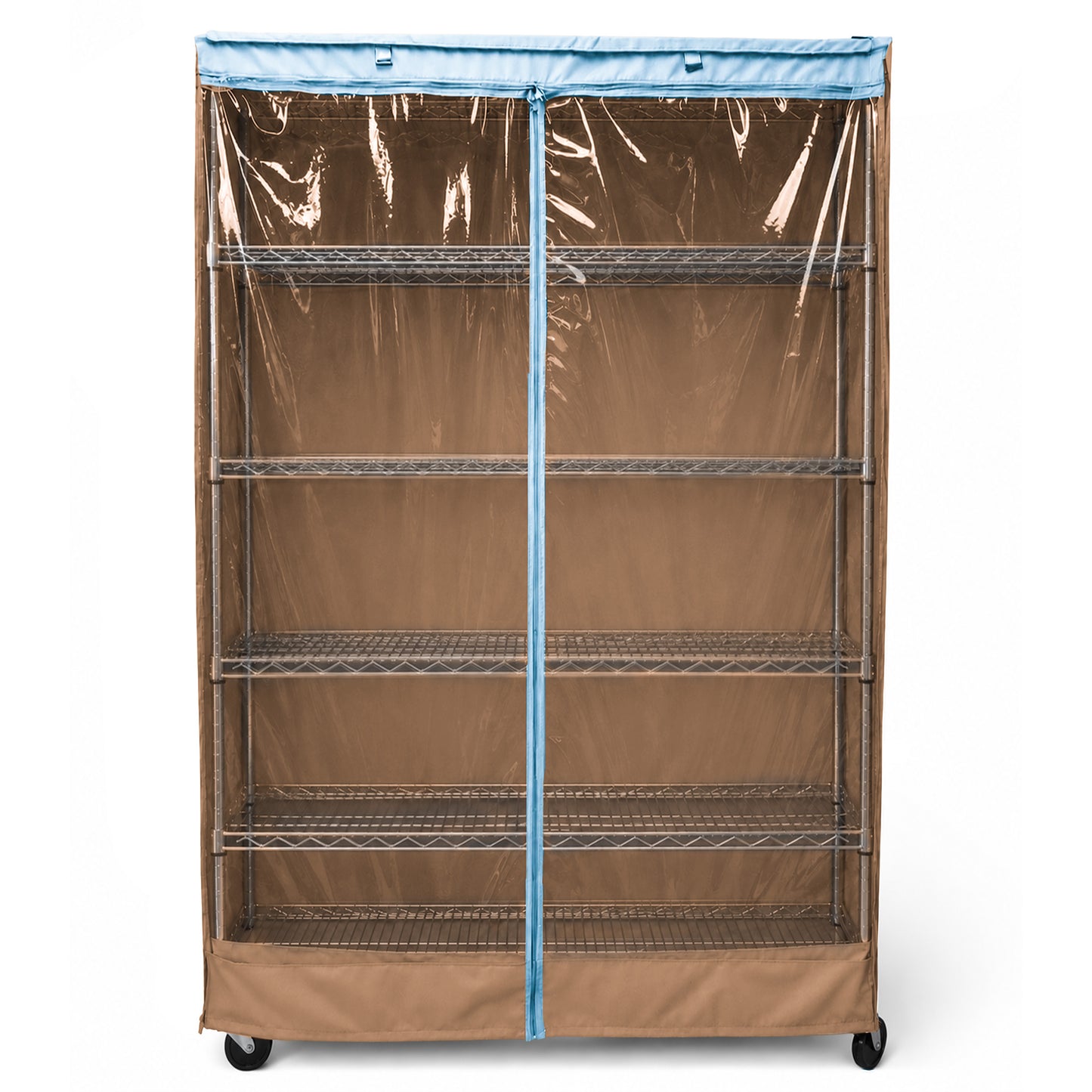 Storage Shelving Unit Cover, fits racks 48"W x 18"D x 72"H one side see through panel in Beige Khaki and Blue Trim
