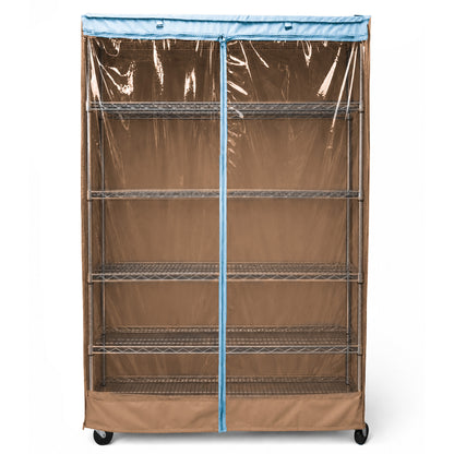 Storage Shelving Unit Cover, fits racks 48"W x 18"D x 72"H one side see through panel in Beige Khaki and Blue Trim