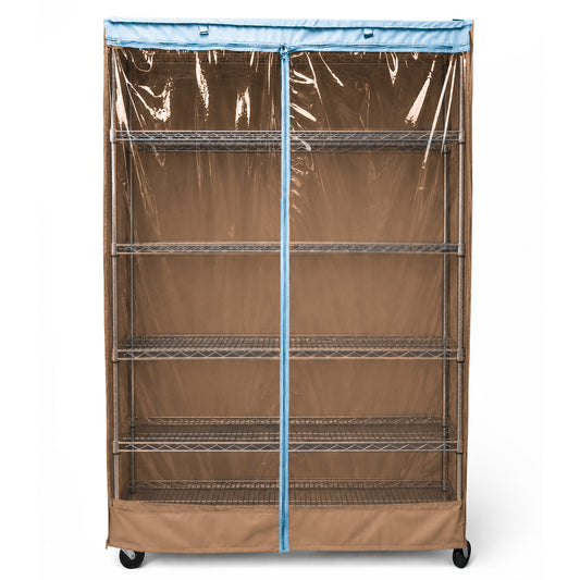 Storage Shelving Unit Cover, fits racks 48"W x 18"D x 72"H one side see through panel in Beige Khaki and Blue Trim