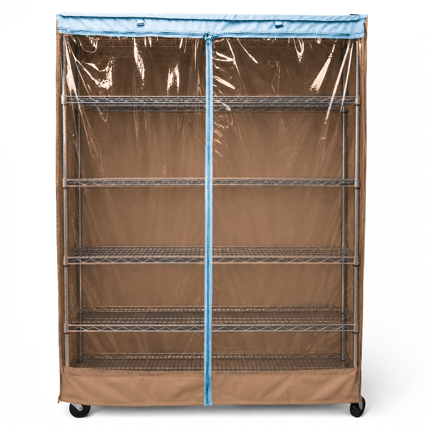 Storage Shelving Unit Cover, fits racks 36"W x 14"D x 54"H one side see through panel in Beige Khaki and Blue Trim