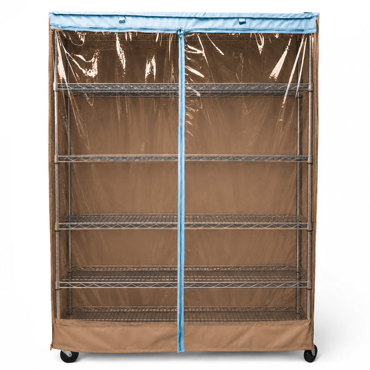 Storage Shelving Unit Cover, fits racks 36"W x 14"D x 54"H one side see through panel in Beige Khaki and Blue Trim