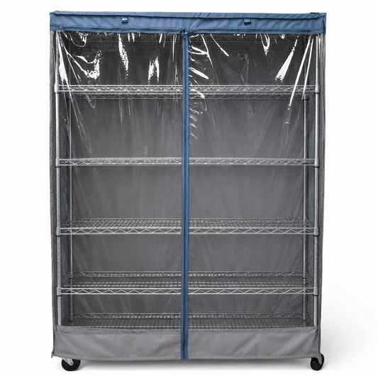 Storage Shelving Unit Cover, fits racks 48"W x 24"D x 72"H one side see through panel in Grey and Dusty Blue Trim