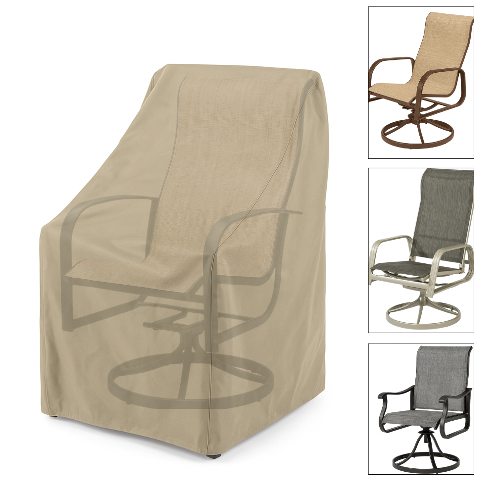 Patio swivel dining chair cover in classic taupe, water-resistant polyester with vents and secure ties.