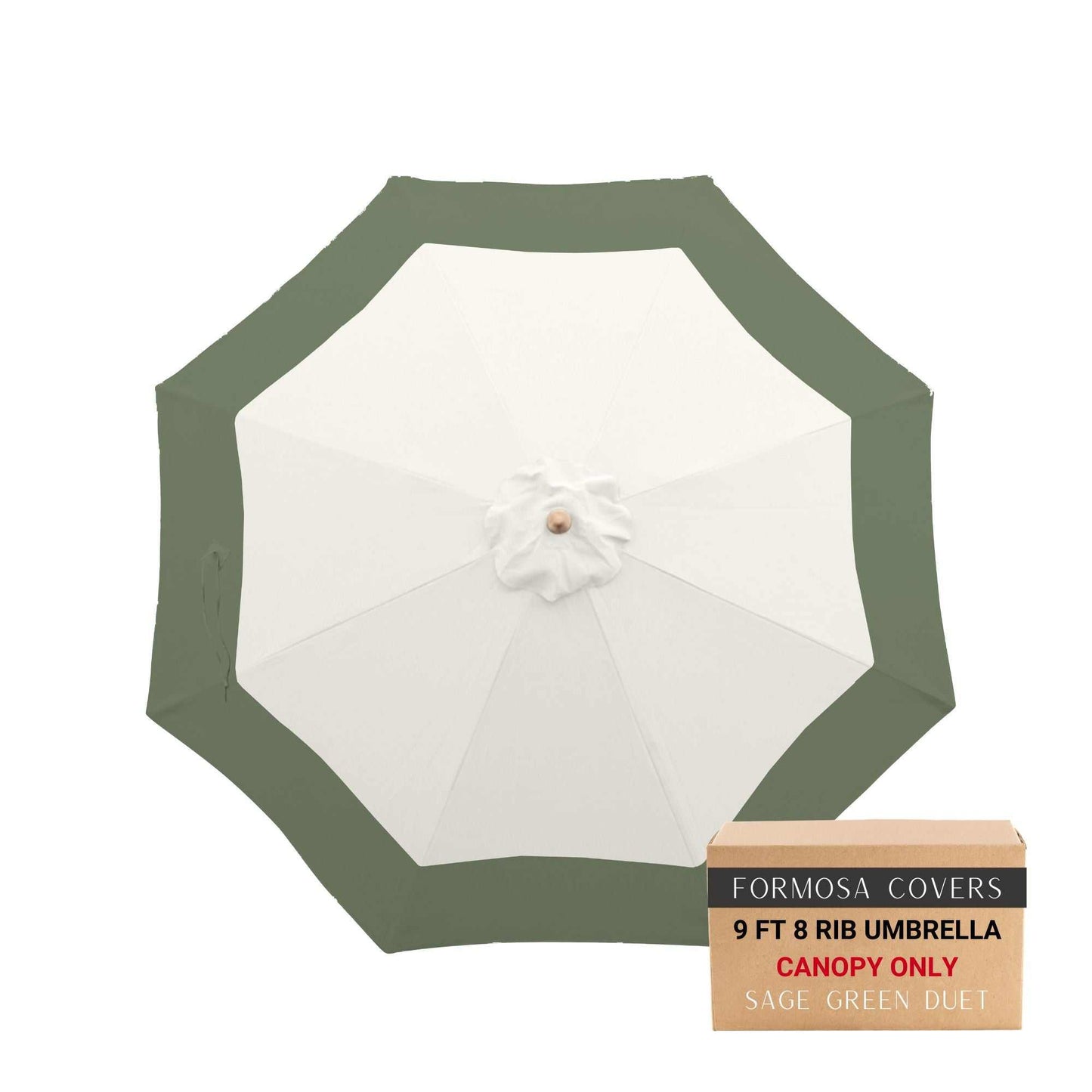 9ft market patio umbrella canopy in white with sage green band, 8 rib replacement.