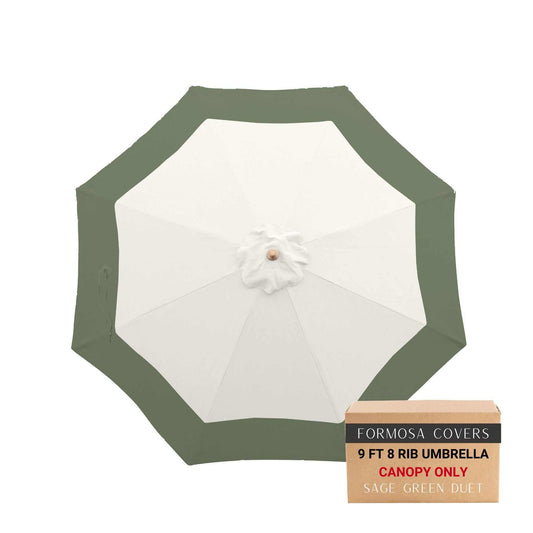 9ft market patio umbrella canopy in white with sage green band, 8 rib replacement.