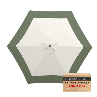 9ft Market Patio Umbrella 6 Rib Replacement Canopy in Sage Green, two-tone design, durable UV-treated fabric, for 9ft umbrella frames.