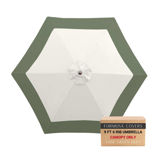 9ft Market Patio Umbrella 6 Rib Replacement Canopy in Sage Green, two-tone design, durable UV-treated fabric, for 9ft umbrella frames.