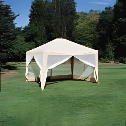 A beige, hexagonal outdoor canopy made from 300 Denier polyester fabric by Formosa Covers stands on a well-manicured lawn. The 12ft x 10ft Screen House Replacement Fabric Skin features mesh sides and is surrounded by lush greenery and trees in the background, under a clear blue sky.