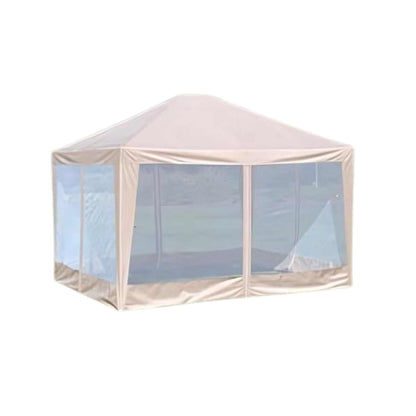 A spacious 12ft x 10ft gazebo from Formosa Covers features a beige roof and transparent mesh panels on all sides to keep mosquitoes out. Made from durable 300 Denier polyester fabric, the structure boasts a pitched roof. One of the mesh panels has an entry flap that is neatly folded up. The background is plain white.