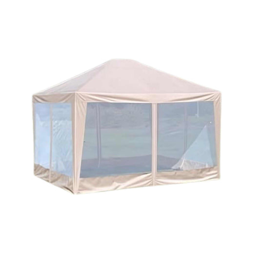 A spacious 12ft x 10ft gazebo from Formosa Covers features a beige roof and transparent mesh panels on all sides to keep mosquitoes out. Made from durable 300 Denier polyester fabric, the structure boasts a pitched roof. One of the mesh panels has an entry flap that is neatly folded up. The background is plain white.