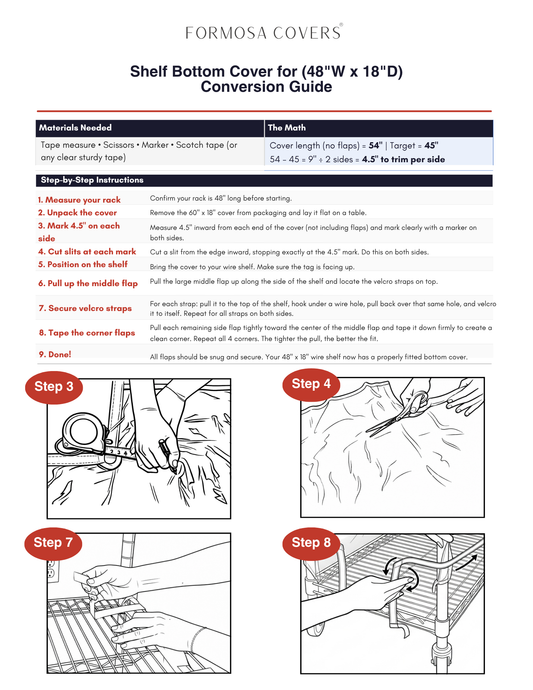 Customizable Wire Shelf Bottom Cover with DIY Sizing Instructions (Trimmable to Fit 54"W x 18"D and Under)